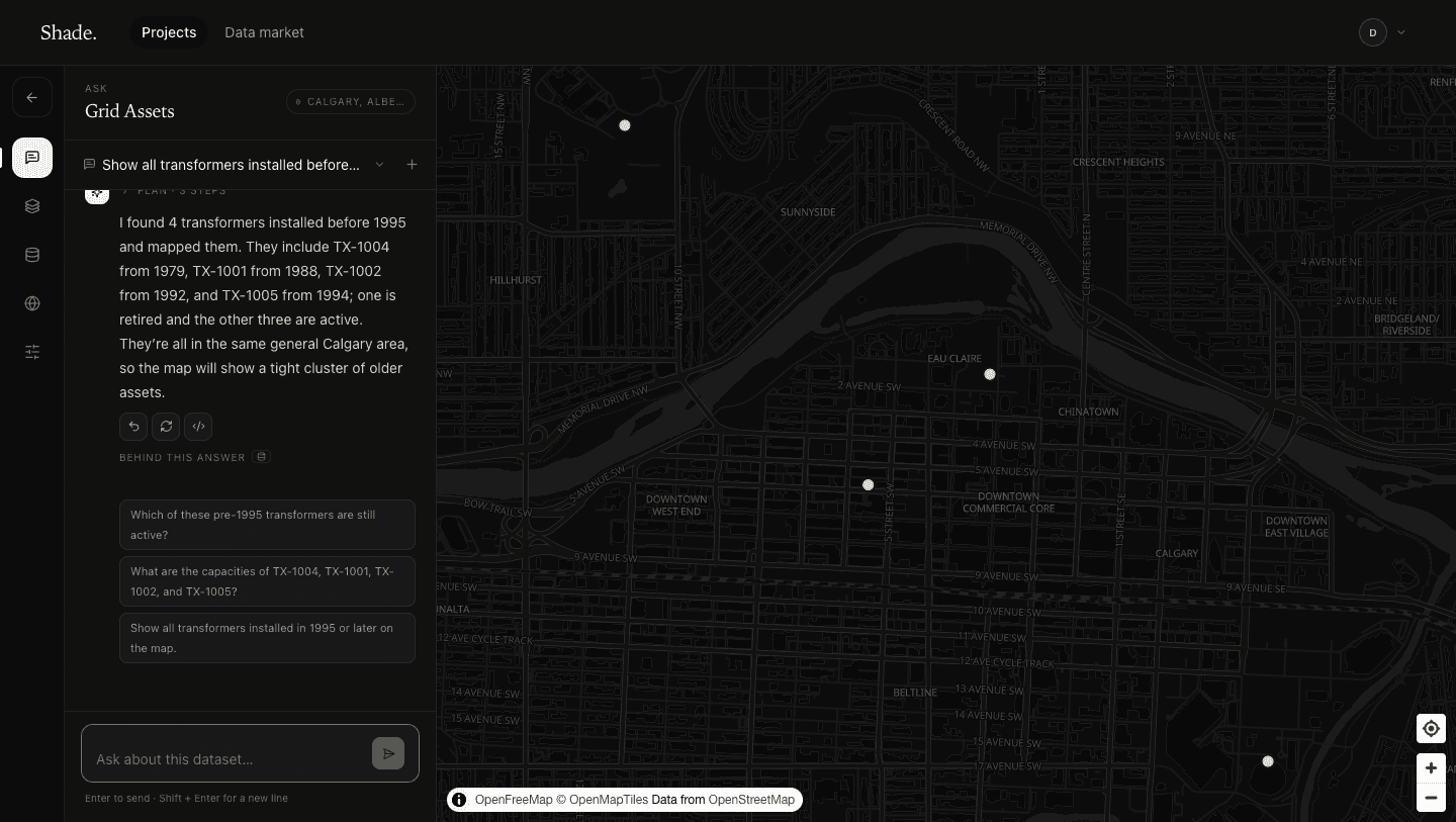 Shade answering a question about transformers, with results on a map